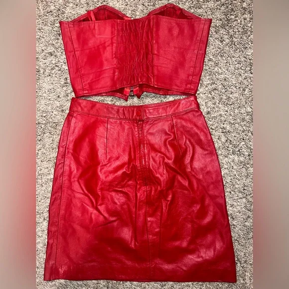 Vintage Bermans Red Leather Skirt Top Cowboy Boots Set Small 6 J. Chrisholm